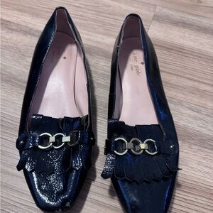 Kate Spade Navy Loafers with Gold Chain Detail